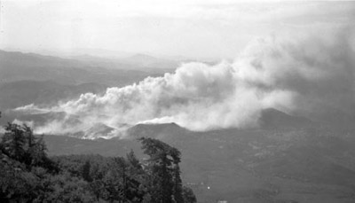 Fire in valley below Palomar Mountain, 1934