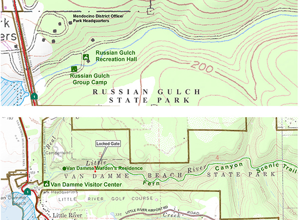Tour map, Russian Gulch and Van Damme State Parks
