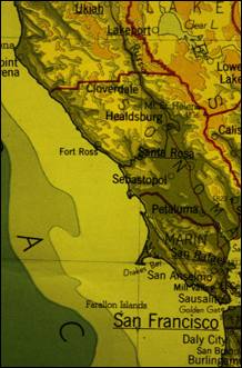 Map of California Coast with Fort Ross centered.