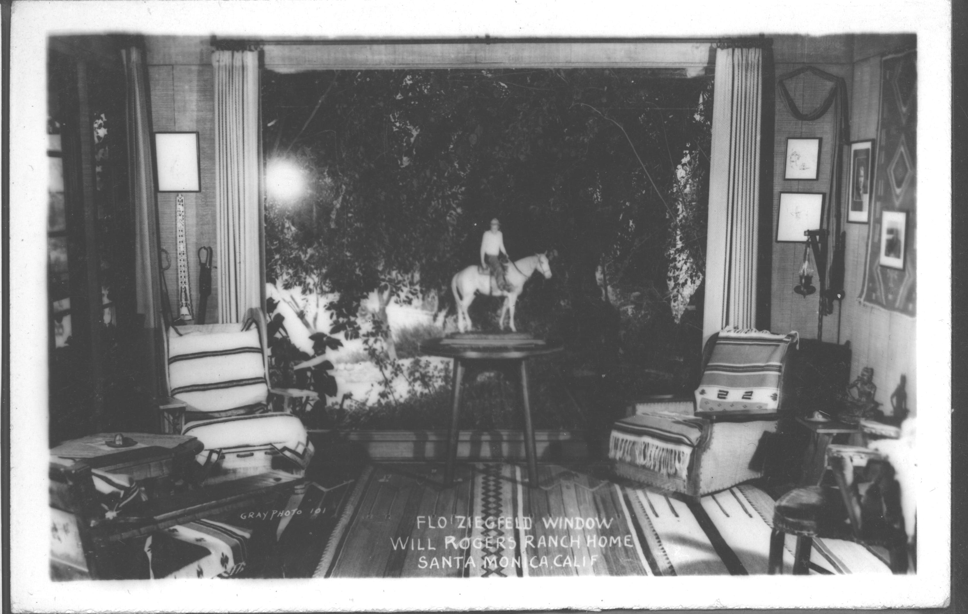 Flo Ziegfeld Window in Ranch House. Tex Wheeler's statue of Will is on window table.