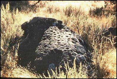 A pitted boulder at CA-MOD-1156. (Photo: Arlene Benson)