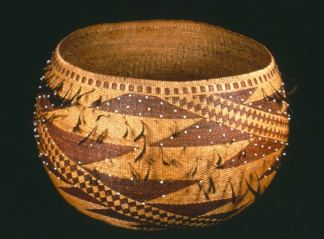 Round Beaded and Feathered Basket