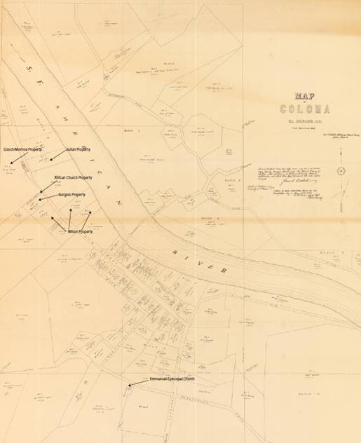 Map indicating locations of the African Church property and the Emmanuel Church, 1873 Coloma Map