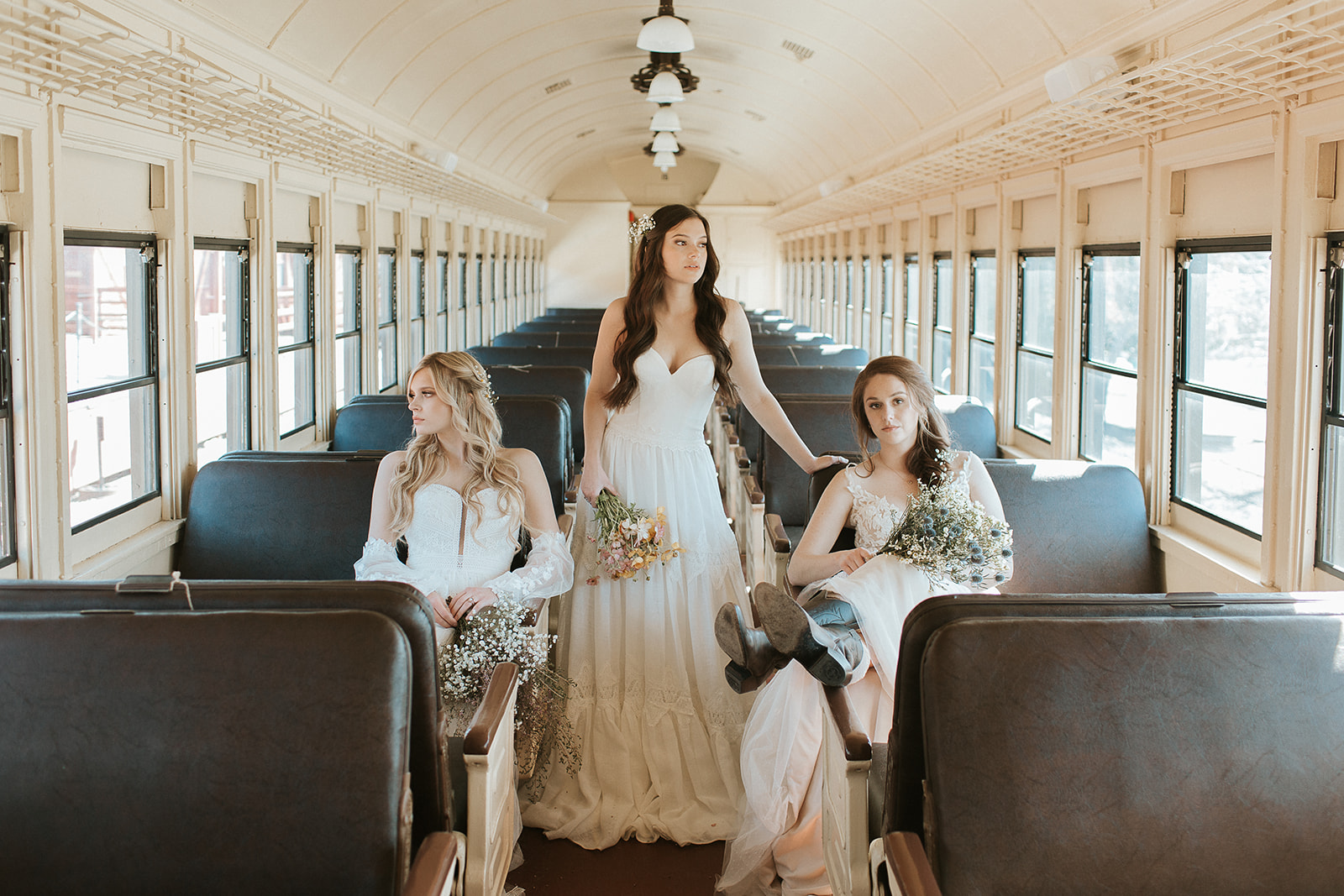 Wedding photo inside historic railcar