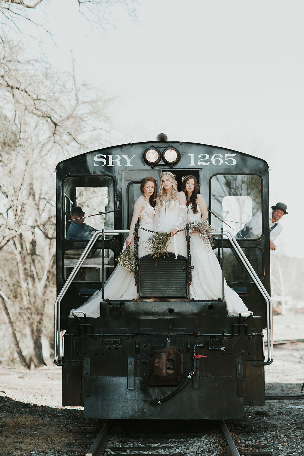 Wedding photo on historic locomotive