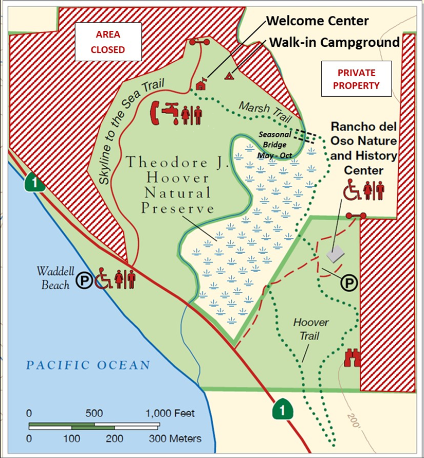 Skyline to the Sea Trail is Closed 0.4 miles past Highwya 1 Entrance. Welcome Center, Walk-in Campground, and Facilities can be found at end of Skyline to the Sea Trail. Marsh Trail is closed October - May for Seasonal Bridge. Racnho del Oso Nature and History Trail, bathrooms, and Hoover Trail can be found from entrance south of the Marsh.