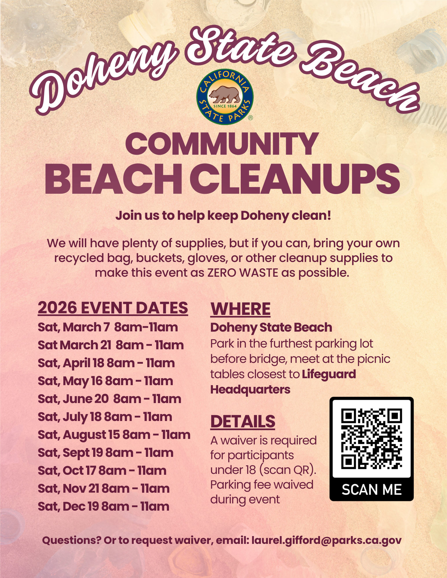 Doheny State Beach Community Beach Cleanups flyer for 2026