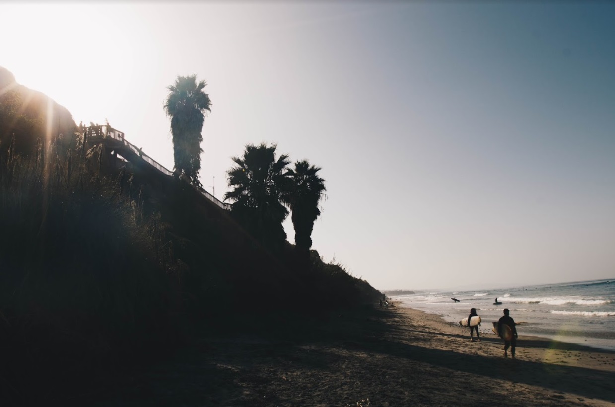 Photo of the stairs down to the beach at San Elijo State Beach silhouetted against the sky