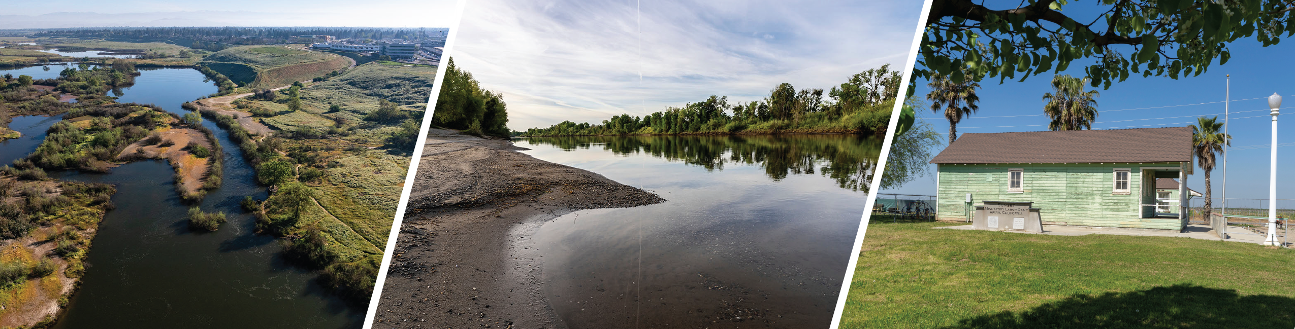Left to right: Aerial view of the San Joaquin River Parkway in Fresno and Madera Counties. View of Feather River Park in Yuba County. Dust Bowl Camp in Kern County. Photos from California State Parks.