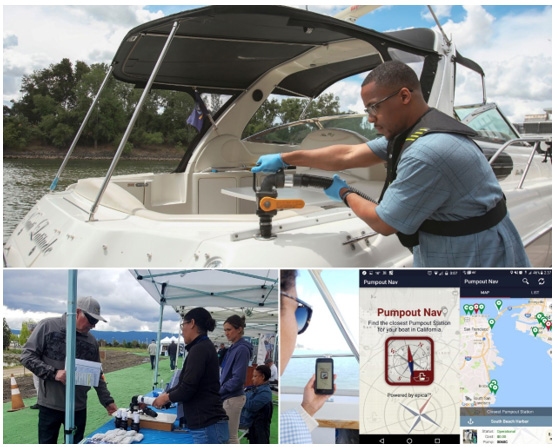 Top: Boater using a sewage pumpout in the Delta. Bottom left: Clean Vessel Act grantee conducting outreach at a boat show in San Mateo County. Bottom right: Boater using the California Pumpout Nav app. Photos from the Division of Boating and Waterways.